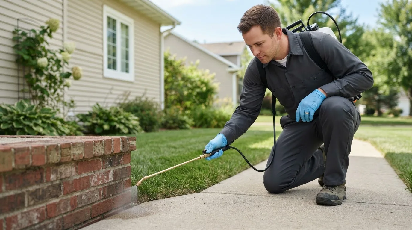 Pest control technician treating a home near Colby, WI