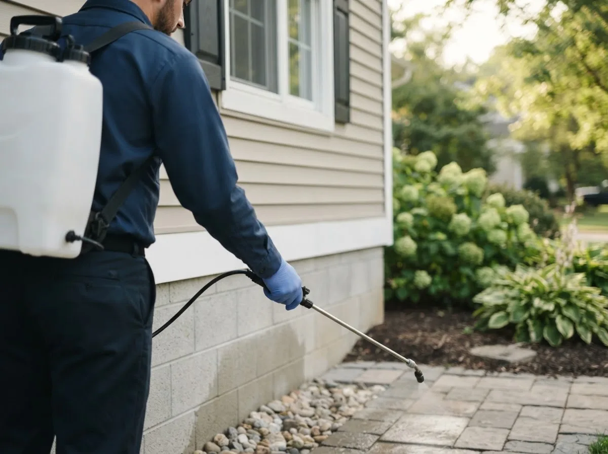 Pest control technician inspecting a home in Colby, WI